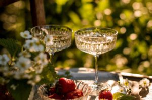 To crystal glasses of bubbly in a garden setting